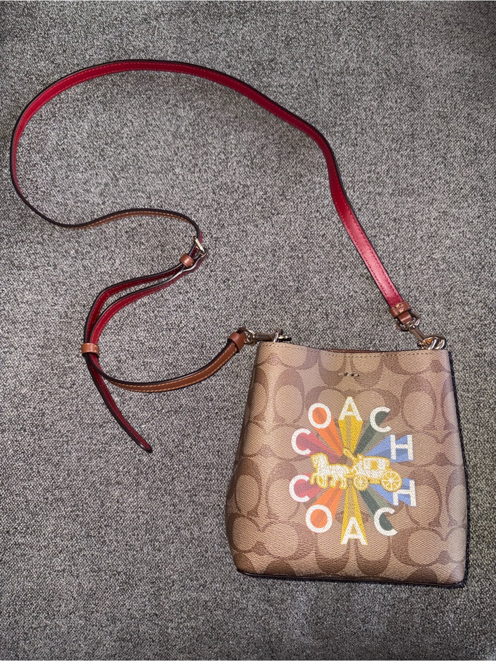 Coach Brown Signature Crossbody with Multicolor Logo and Red Strap